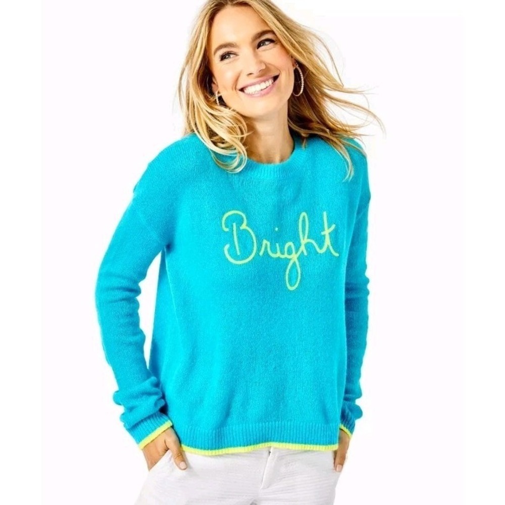 Lilly Pulitzer Sweater L Charlton Bright Turquoise Blue Chainstitch Beach Preppy